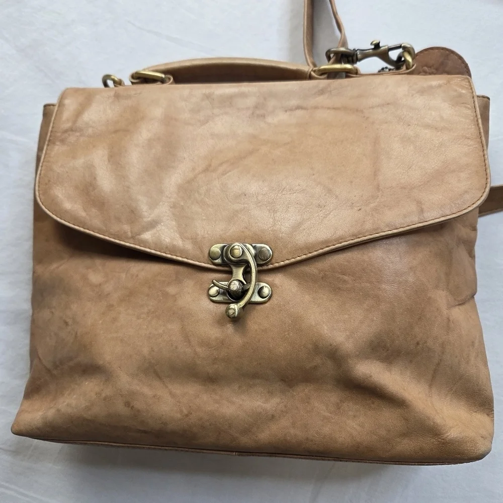 Bolla Genuine Leather Satchel Crossbody Tan Distressed VTG Style Brass Hardware
